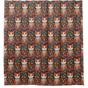 Whimsical Folk Art Cat and Flowers Shower Curtain