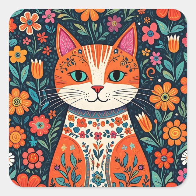 Whimsical Folk Art Cat and Flowers Square Sticker (Front)