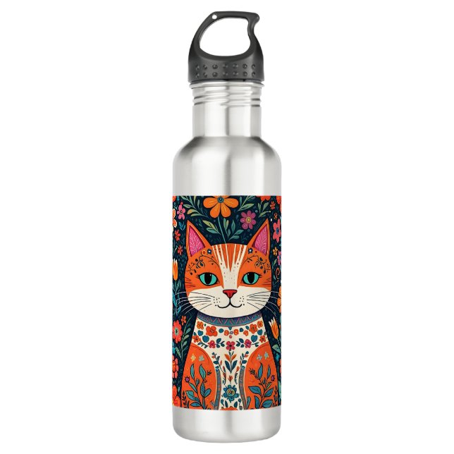Whimsical Folk Art Cat and Flowers Stainless Steel Water Bottle (Front)