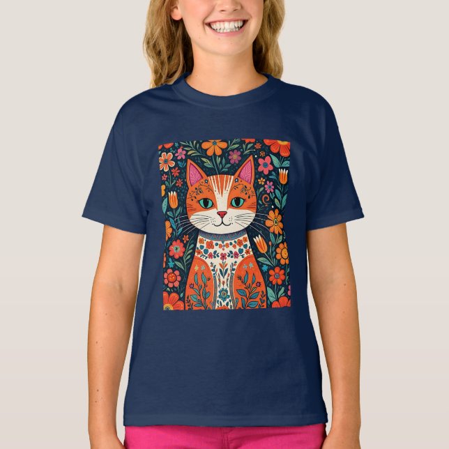 Whimsical Folk Art Cat and Flowers T-Shirt (Front)