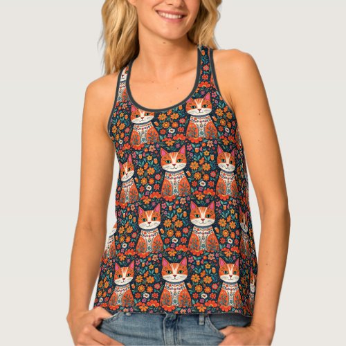 Whimsical Folk Art Cat and Flowers Tank Top