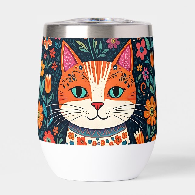 Whimsical Folk Art Cat and Flowers Thermal Wine Tumbler (Front)