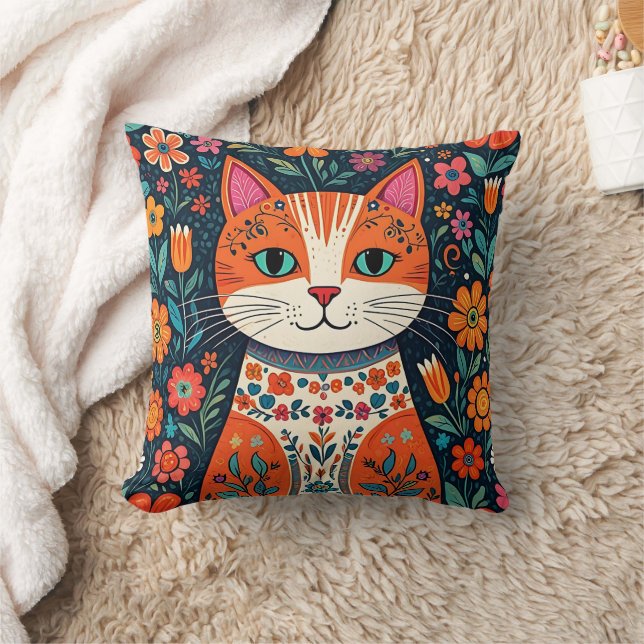 Whimsical Folk Art Cat and Flowers Throw Pillow (Blanket)