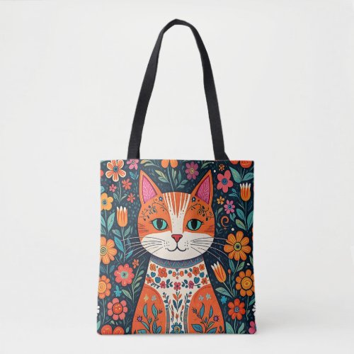 Whimsical Folk Art Cat and Flowers Tote Bag