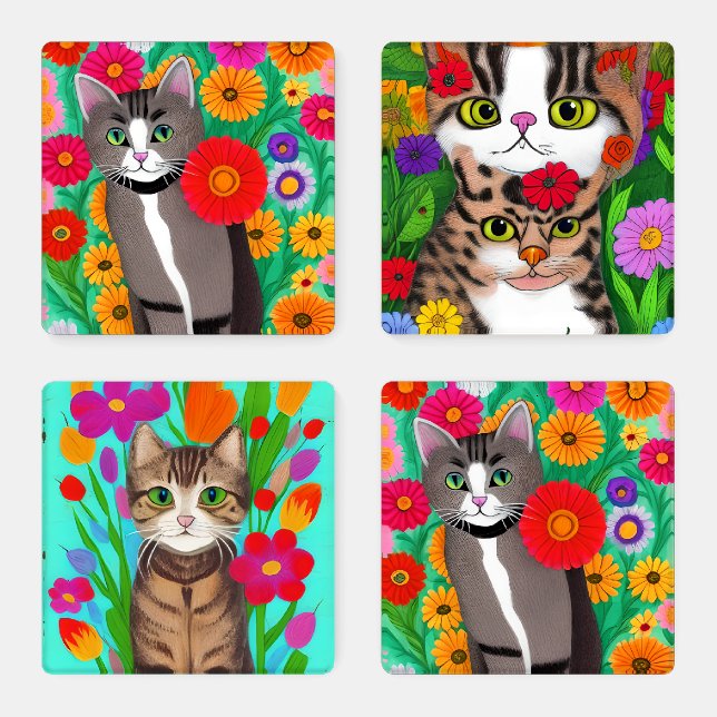 Whimsical Folk Art Cats and Colorful Flowers Coaster Set (Set)