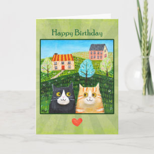 Whimsical Folk Art Cats Custom Message birthday Card