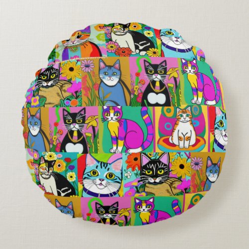 Whimsical Folk Art Colorful Cats Round Pillow