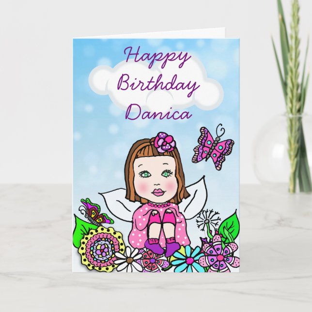 Whimsical Folk Art Fairy Girl Happy Birthday Card (Front)