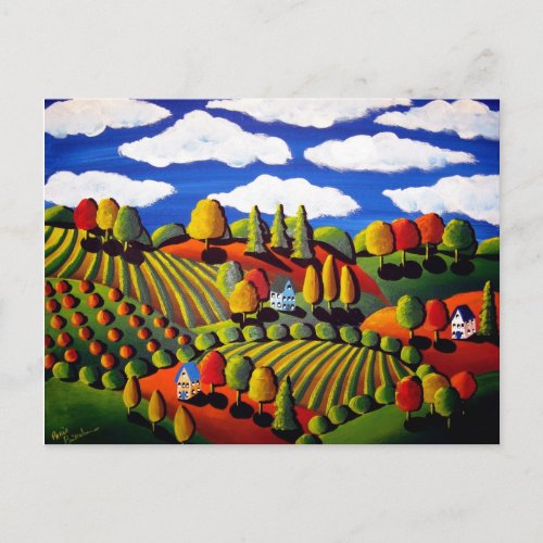 Whimsical Folk Art Fall Landscape Post Card