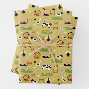 Whimsical Folk Art Farm Animals Seamless Pattern Wrapping Paper Sheets