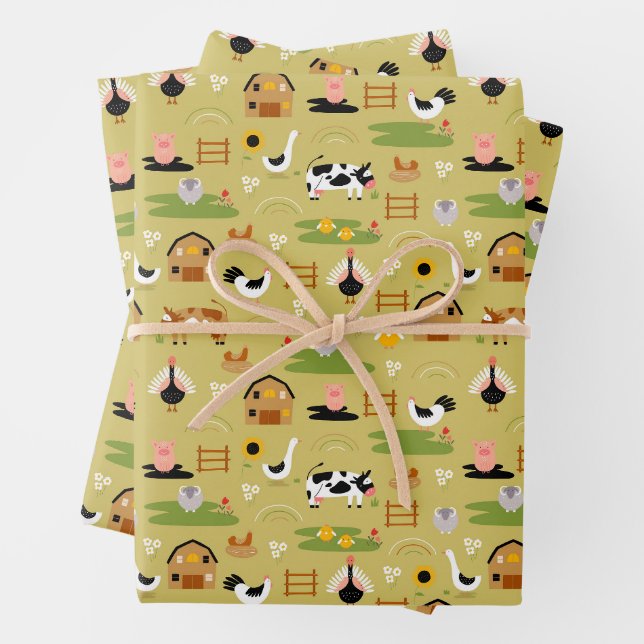 Whimsical Folk Art Farm Animals Seamless Pattern Wrapping Paper Sheets (In situ)