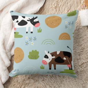 Whimsical Folk Art Farm Cows Seamless Pattern Throw Pillow