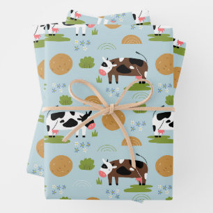 Whimsical Folk Art Farm Cows Seamless Pattern Wrapping Paper Sheets