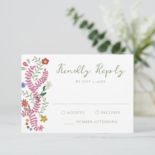 Whimsical Folk Art Floral Wedding RSVP Card (Standing Front)