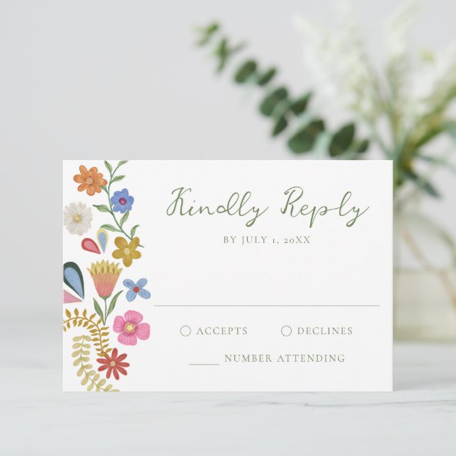 Whimsical Folk Art Floral Wedding RSVP Card (Standing Front)