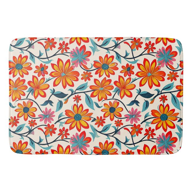 Whimsical Folk Art Flowers  Bath Mat (Front)