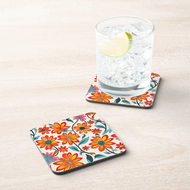 Whimsical Folk Art Flowers  Beverage Coaster (Right Side)