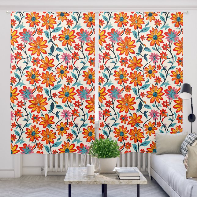 Whimsical Folk Art Flowers  Blackout Curtains (Living Room)
