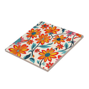 Whimsical Folk Art Flowers Ceramic Tile