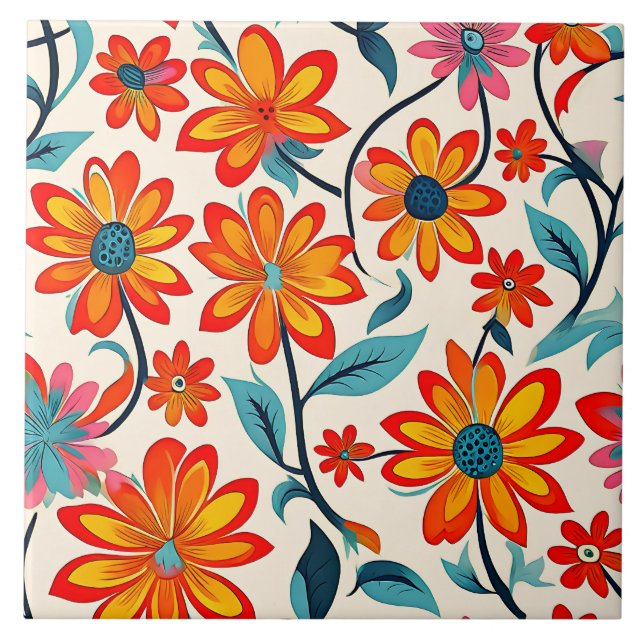 Whimsical Folk Art Flowers  Ceramic Tile (Front)
