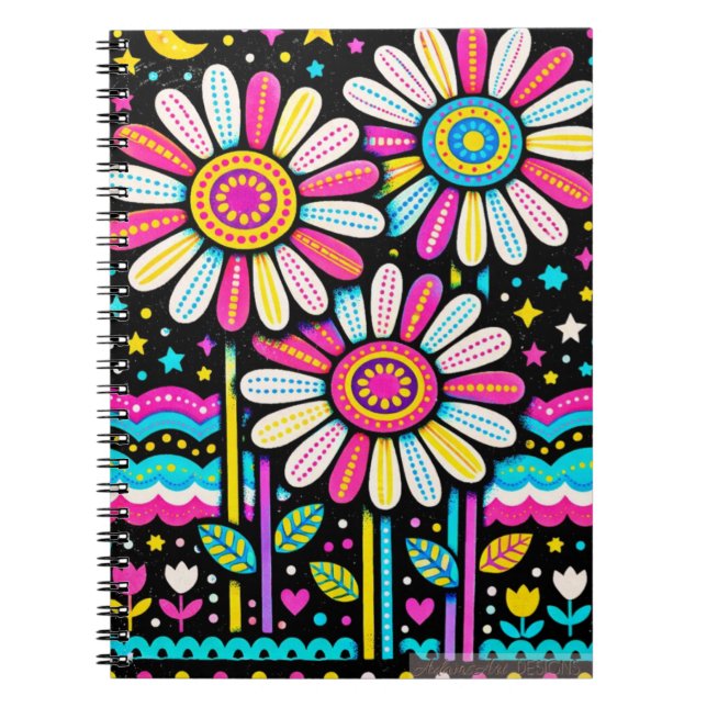 Whimsical Folk Art Flowers Colorful Notebook (Front)