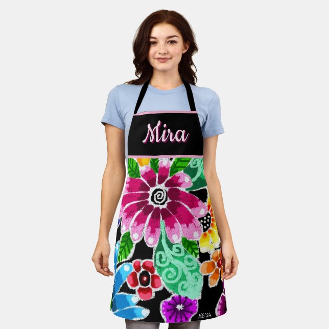 Whimsical Folk-Art Flowers Floral Personalized Apron (Worn)