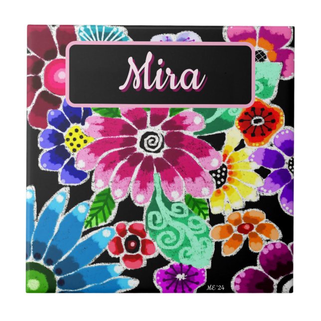 Whimsical Folk-Art Flowers Floral Personalized Ceramic Tile (Front)