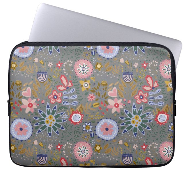 Whimsical Folk Art Flowers Gray Laptop Sleeve (Front)