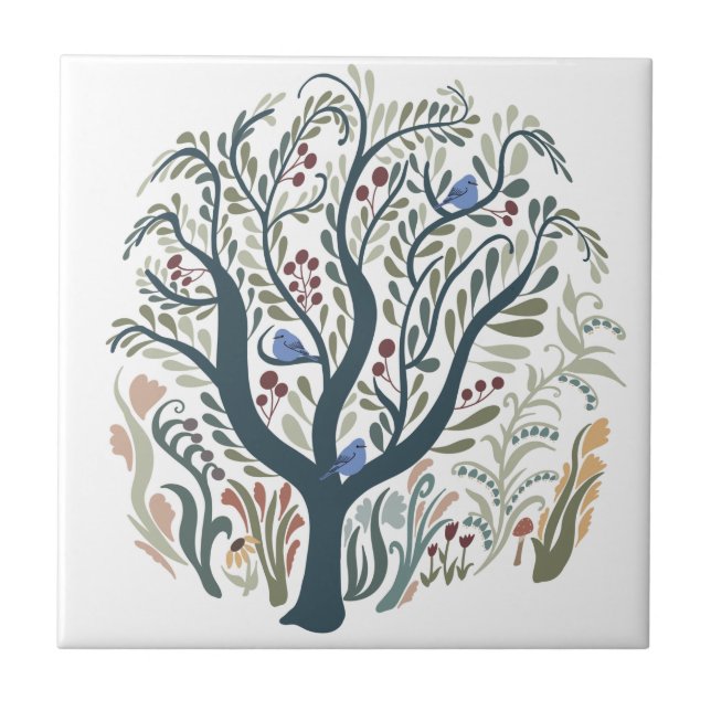 Whimsical Folk Art Forest  Earth Tones Ceramic Tile (Front)
