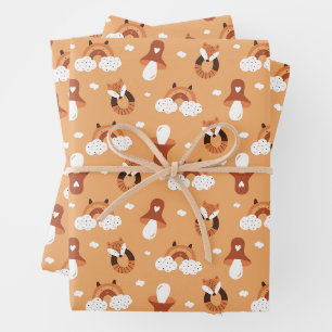 Whimsical Folk Art Fox & Woodland Mushroom Wrapping Paper Sheets