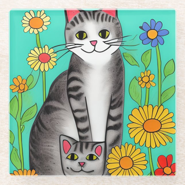 Whimsical Folk Art Gray Cat and Kitten Glass Coaster (Front)