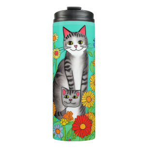 Whimsical Folk Art Gray Cat and Kitten Thermal Tumbler