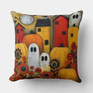 Whimsical Folk Art Halloween Patch Throw Pillow