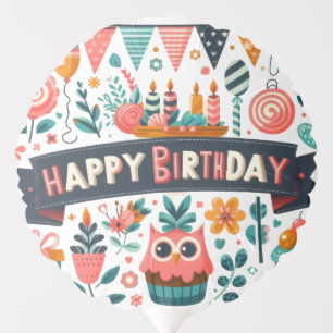 Whimsical Folk Art Happy Birthday Owl Floral Balloon