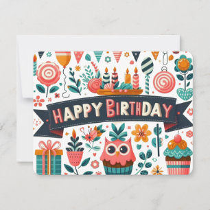 Whimsical Folk Art Happy Birthday Owl Floral Invitation