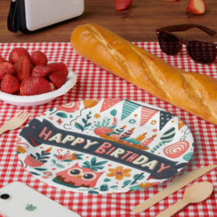 Whimsical Folk Art Happy Birthday Owl Floral Paper Plates