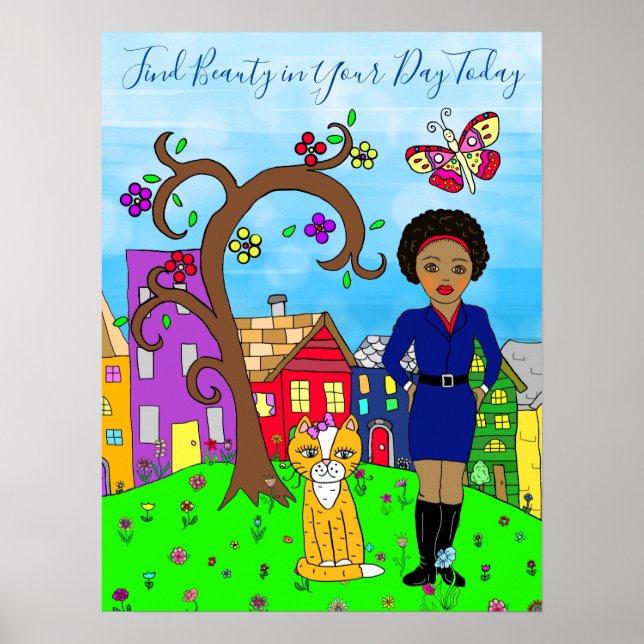 Whimsical Folk Art, Lady and Cat in Village Poster (Front)