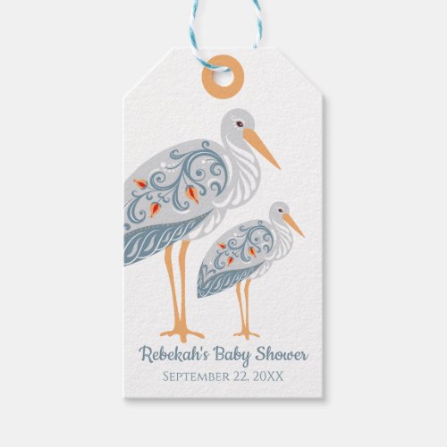 Whimsical Folk Art Mom and Baby Stork  Shower Gift Tags