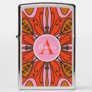 Whimsical Folk Art Pink and Orange Custom Name Zippo Lighter