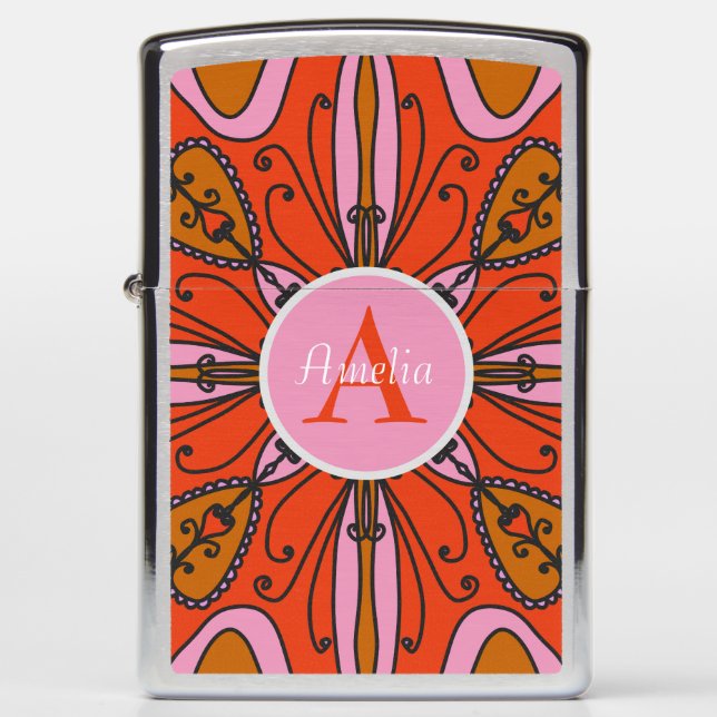 Whimsical Folk Art Pink and Orange Custom Name Zippo Lighter (Front)