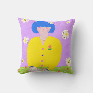 Whimsical Folk Art Reading Girl Colorful Throw Pillow