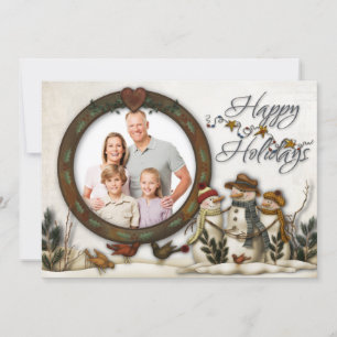 Whimsical Folk Art Snowmen Christmas Photo Card