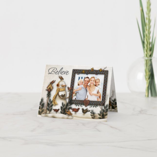 Whimsical Folk Art Snowmen Christmas Photo Card (Front)