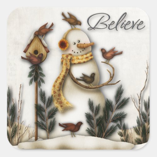 Whimsical Folk Art Snowmen Christmas Sticker