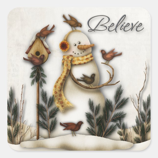 Whimsical Folk Art Snowmen Christmas Sticker (Front)