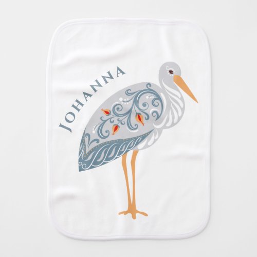 Whimsical Folk Art Stork Baby Burp Cloth