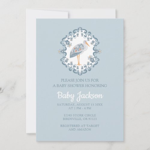 Whimsical Folk Art Stork  Baby Shower Invitation