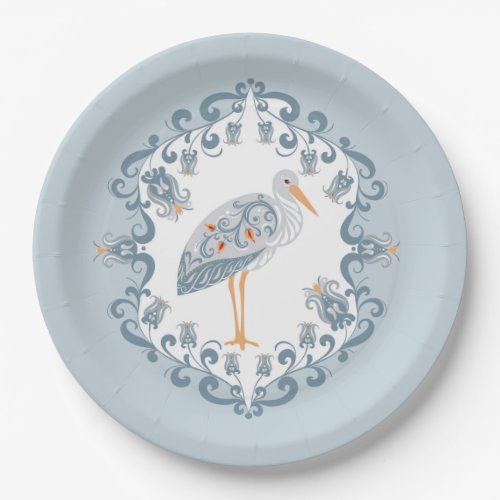 Whimsical Folk Art Stork  Baby Shower Paper Plates