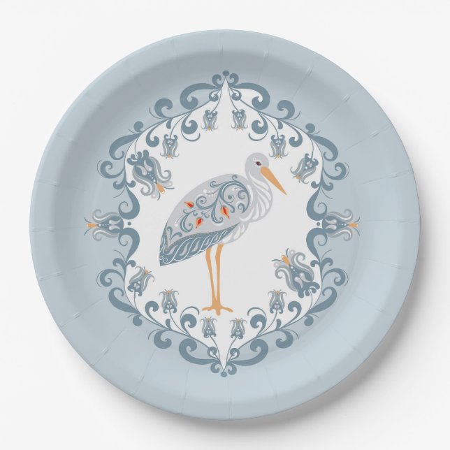 Whimsical Folk Art Stork | Baby Shower Paper Plates (Front)