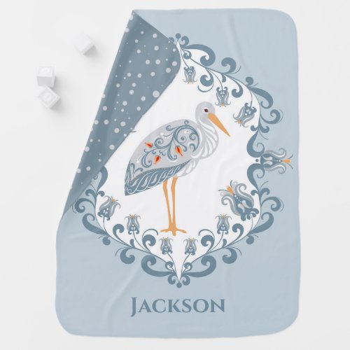 Whimsical Folk Art Stork  Personalized Baby Blanket